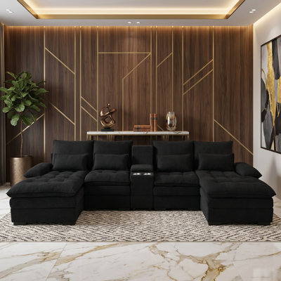 130" Wide Linen Symmetrical U-Shaped Sectional Sofa with Console and Cupholders