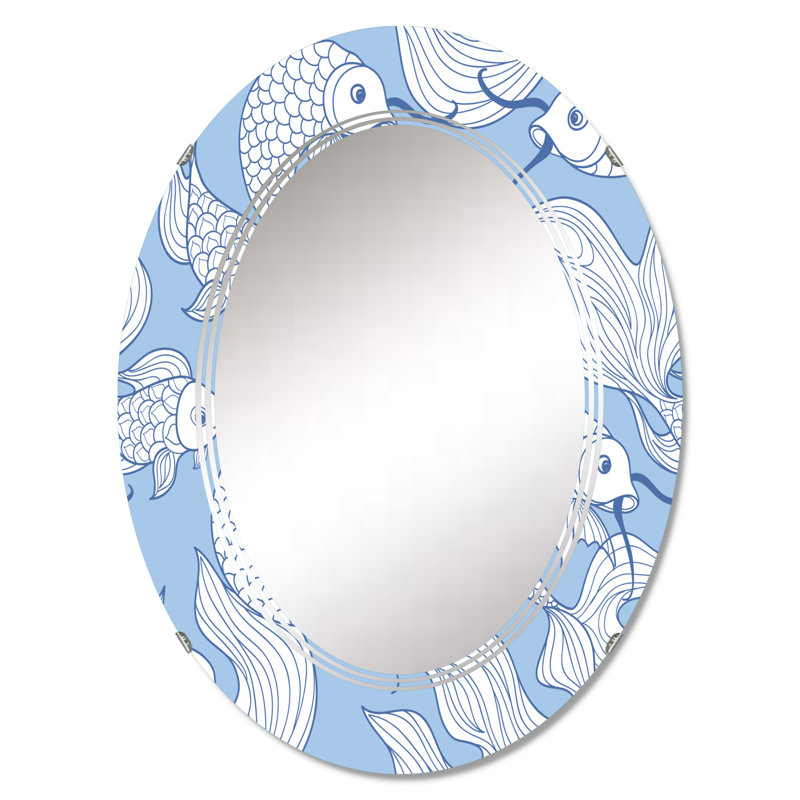 Poisson blanc abstrait sur fond bleu - miroir mural nautique et côtier ovale, 30 po x 20 po