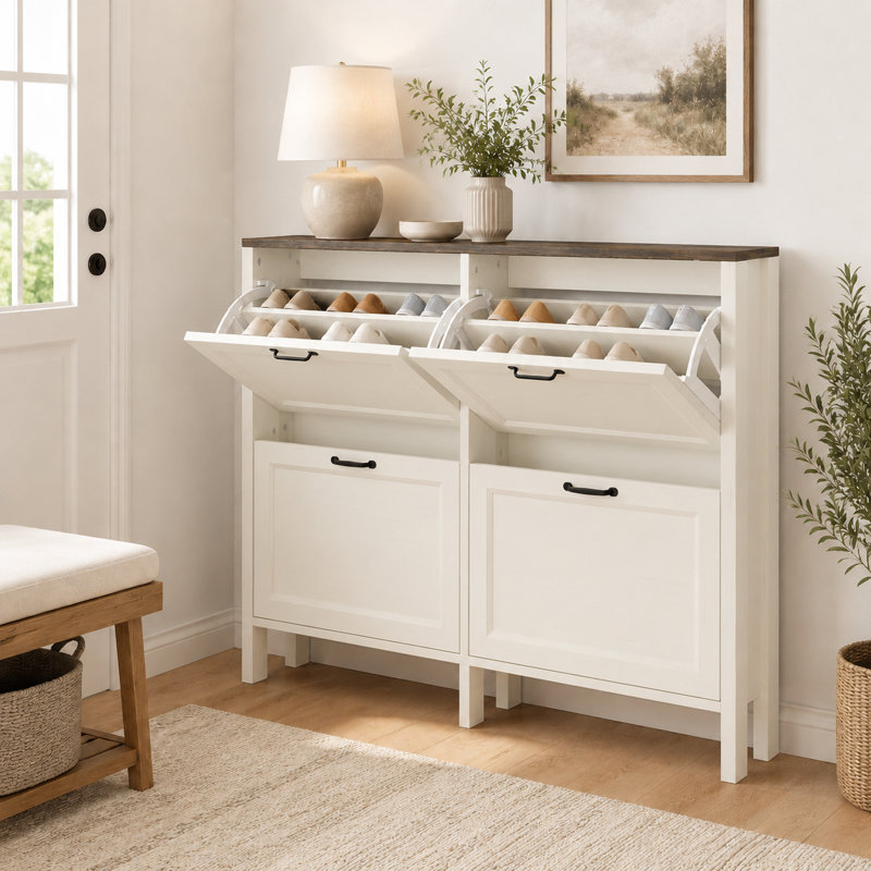 Armoire de rangement mince pour chaussures avec portes et tablettes réglables pour le vestibule, Beige/brun