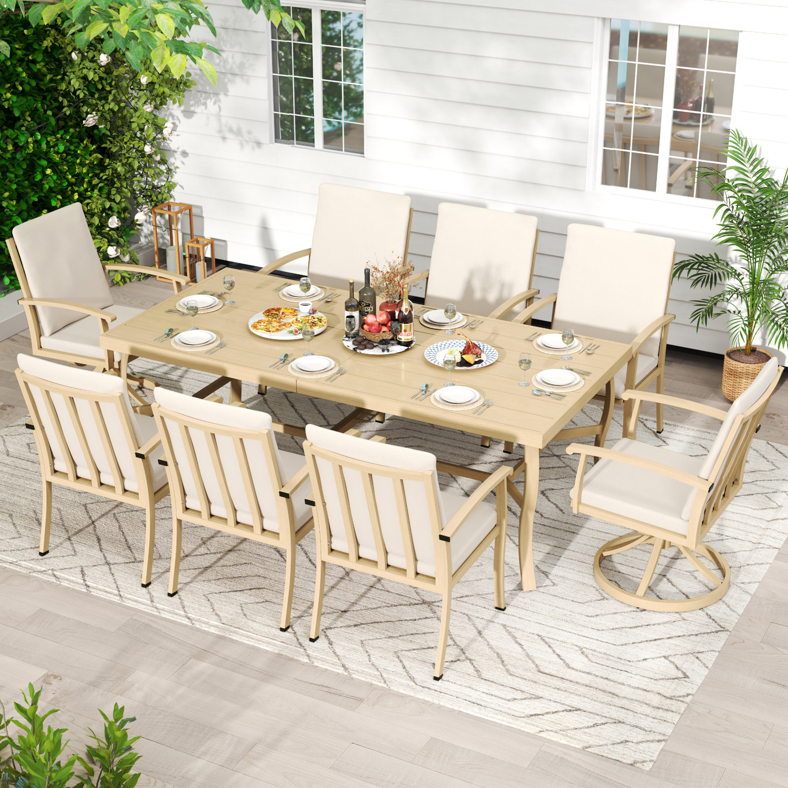 84" Patio Dining Set, Beige, 8