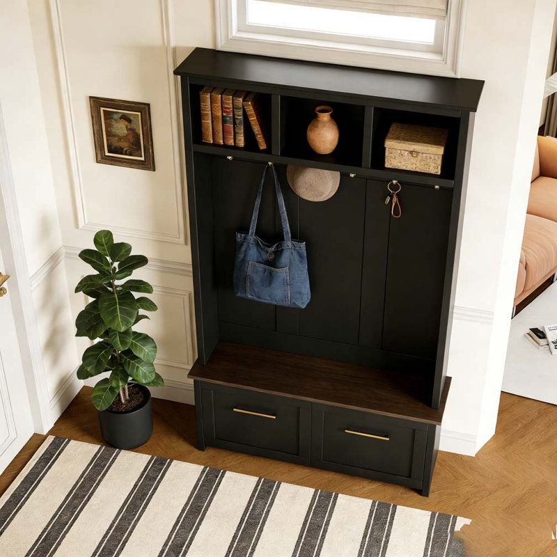 4-in-1 Hall Tree with 6 Golden Hooks, Wood Grain Bench with Multiple Storage Space, Black