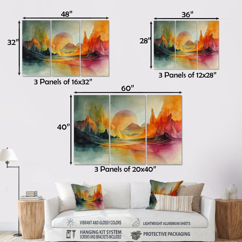 Ensemble de salon vert et orange Tachisme Landscape II - Tachisme Wall Art, Métal métal, H 28 po x l 36 po x P 1 po
