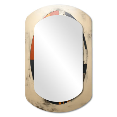 Midcentury Geometric Abstract In Retro Orange - Midcentury Modern Asymmetrical Unique Mirror, Gold Cylinder Large Wall Mirror, Printed Metal Art