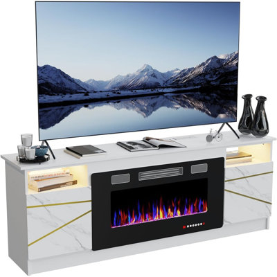 Meuble télé avec foyer blanc - foyer électrique de 36 po avec lumières DEL, station de charge, tablette amovible et radiateur de 1500 W pour téléviseur de 80 po ou moins