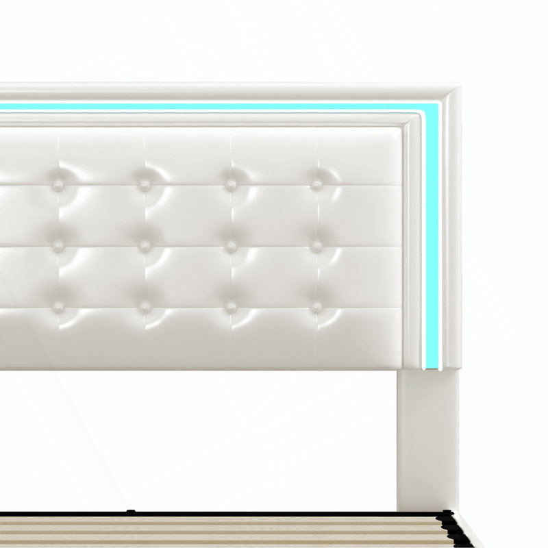 Led Bed Frame With 4 Storage Drawers, Smart Control RGB LED Lights On  Headboard,With Remote Control, Upholstered Adjustable Headbaord