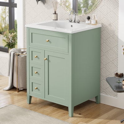 Meuble-lavabo de 24 po avec lavabo, panneau de fibres à densité moyenne et bois d'hévéa, 3 tiroirs et armoire, conception moderne pour les petites salles de bain