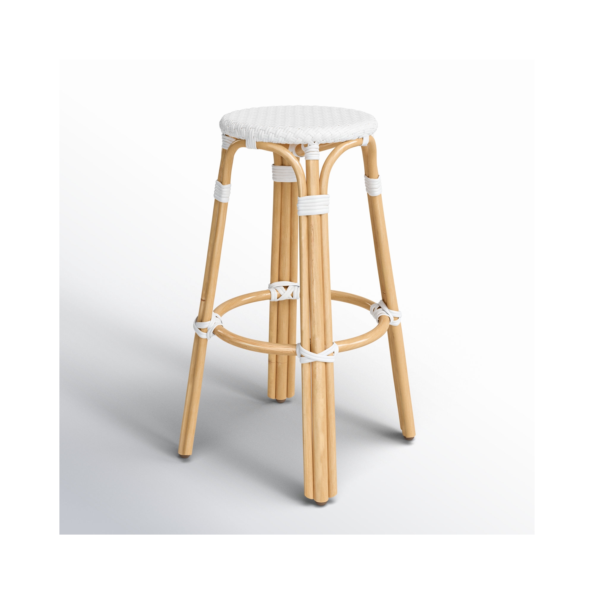 Alastair Bar & Counter Stool, Glossy White/Natural Rattan Frame, Bar Stool (30" Seat Height)