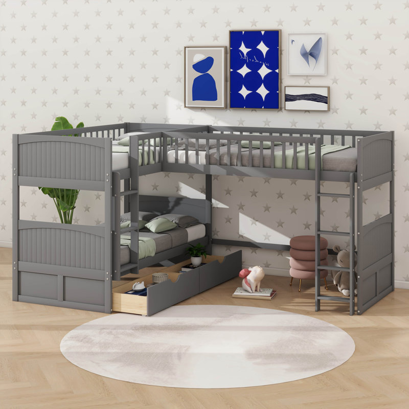 Triple lits superposés peu encombrants, lit simple avec lit mezzanine et tiroirs doubles, Gris