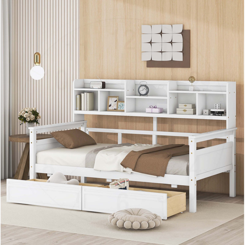 Daybed with Wood Slat Support, Bedside Shelves, and Two Drawers, , Versatile and Stylish, Twin, White