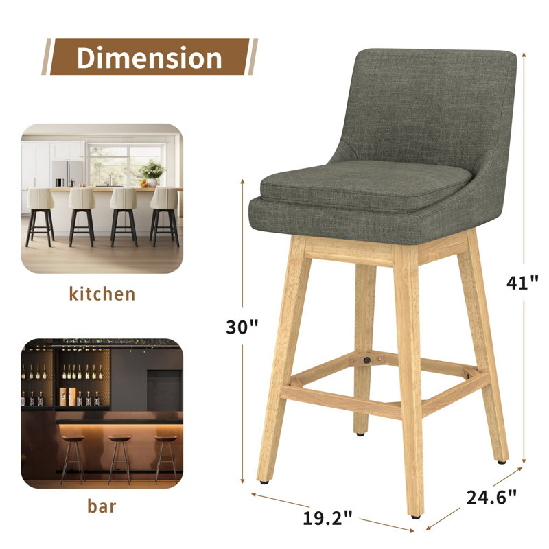 Malakeh Swivel Upholstered Counter Stool with Solid Wood Frame, Bar Stool (30" Seat Height), Dark Gray
