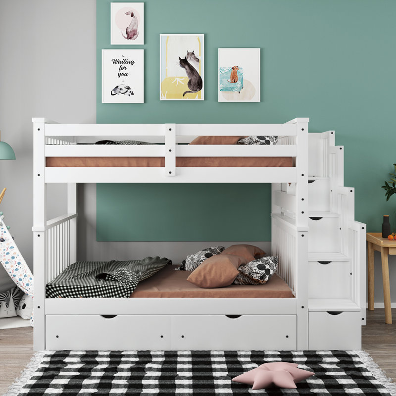 Girlie Full Over Full Bunk Bed with Shelves and Storage Drawers, White