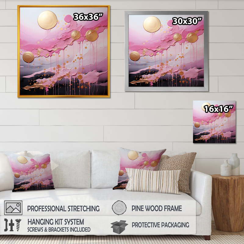 Or et rose, formes liquides modernes I - décoration murale abstraite, Cadre flottant noir, H 36 po x l 36 po x P 1,5 po