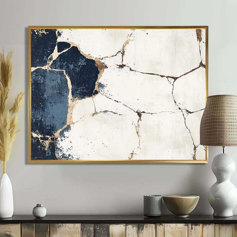 Blanc et bleu luxueux de marbre abstrait II - décoration murale en marbre abstrait, H 24 po x l 32 po, Doré