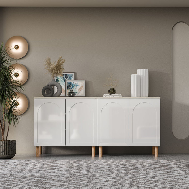 Bohem Sideboard with MDF Doors, White/Traverten, 34" H x 70" W x 20" D