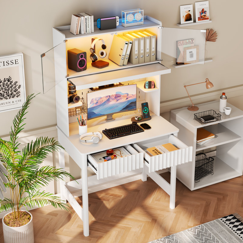 66"H Computer Desk with LED Light & Power Outlet, Sturdy Desk with Desklamp, White