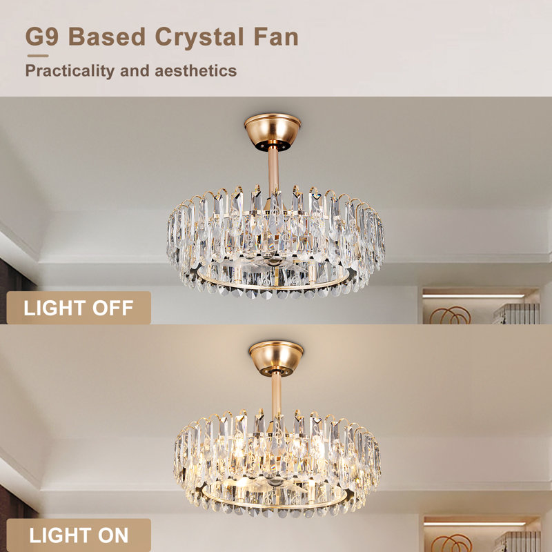 Ventilateur de plafond 19,7 po en cristal avec cage réversible à distance G9 - doré