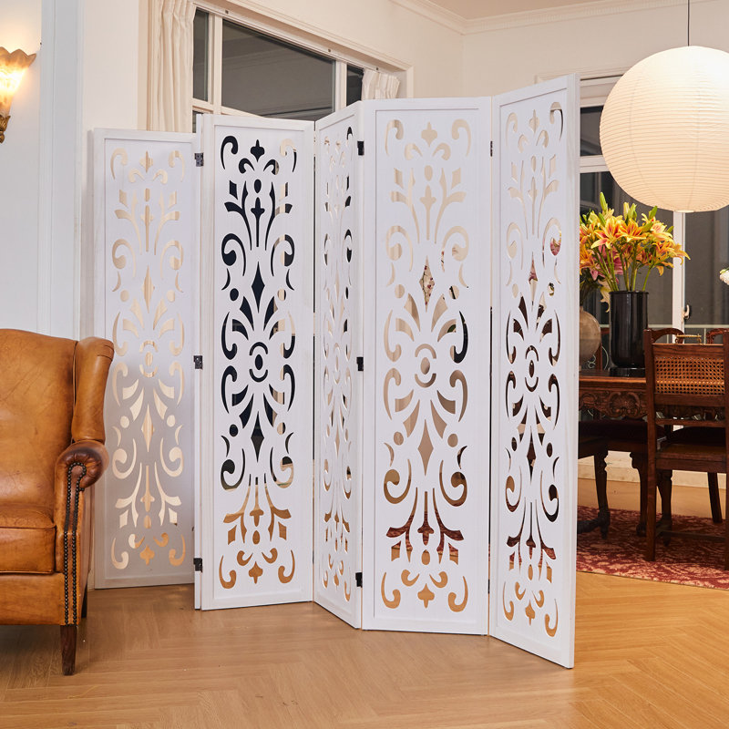 Classical Carved Room Divider - 5.75ft Wood Folding Privacy Screen, White, 6