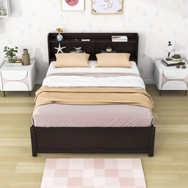 Platform Bed with Trundle and Storage Shelves, Full, Espresso