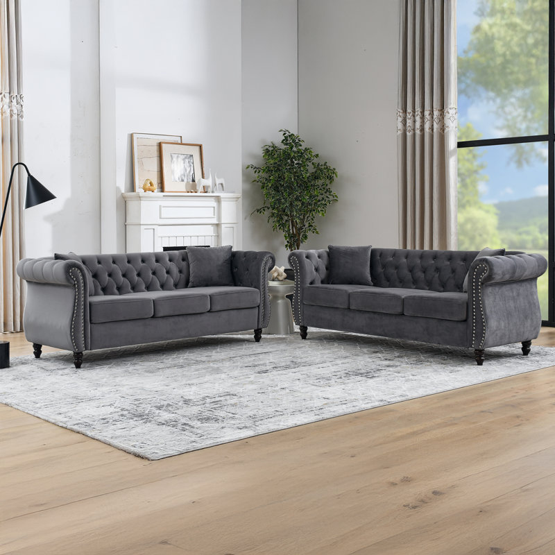 2Pcs 3 Seater 80" Chesterfield Sofa Velvet, Gray