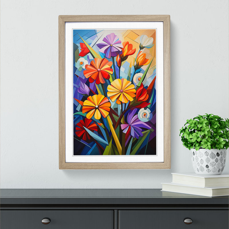 Wildflowers Cubism - Framed Print, 64cm H x 46cm W x 2cm D, Oak