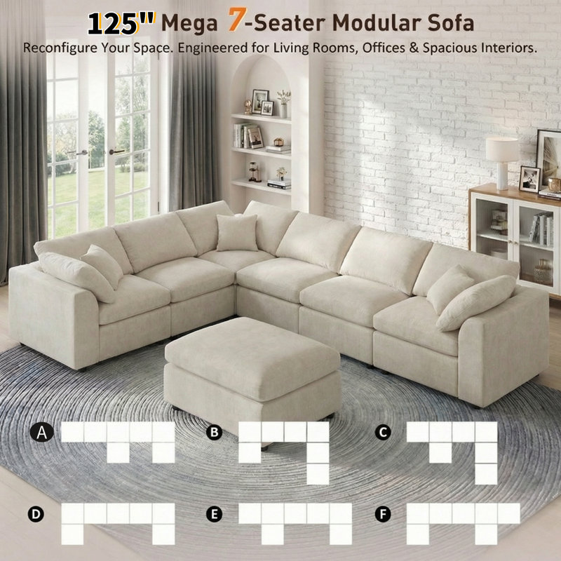 125" 7-seater Modular Chenille Sectional Sofa With Ottoman, Beige Chenille