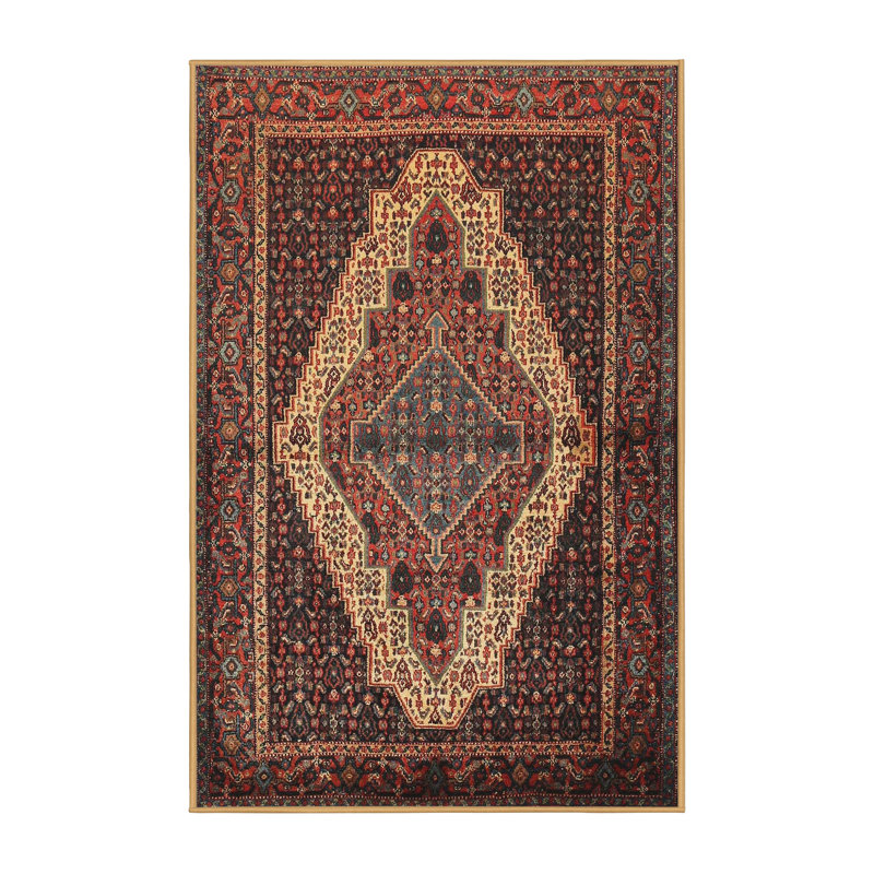Tapis traditionnel rouge / noir / crème, Rectangle 5 pi x 7 pi