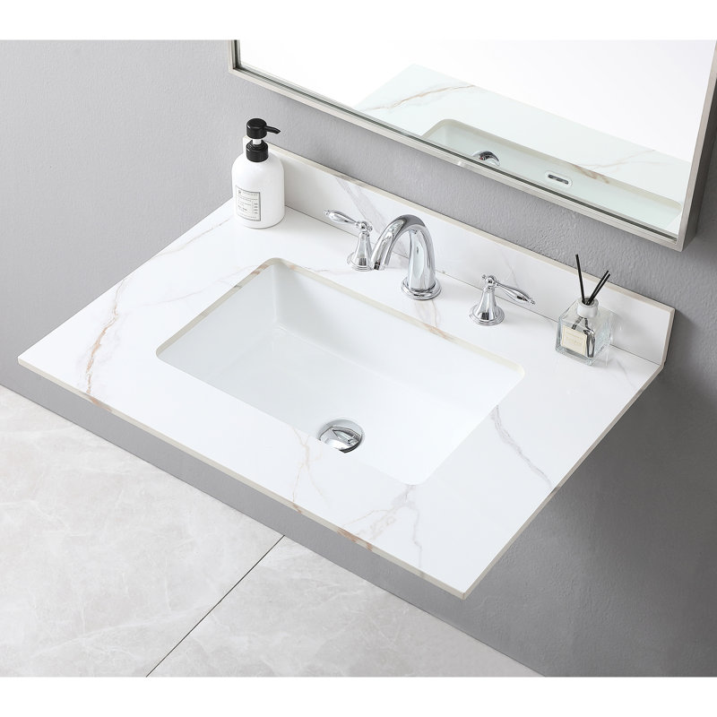 31Inch Bathroom Vanity Top Gold, Sintered Stone, Rectangular Ceramic Sink, Backsplash, Quality 31" With Gold Undermount Classy Design