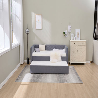 Velvet Daybed, Sturdy Wooden Bed Frame, Modern Diamond Grid Pull-Out Design For Bedroom, Living Room Furniture