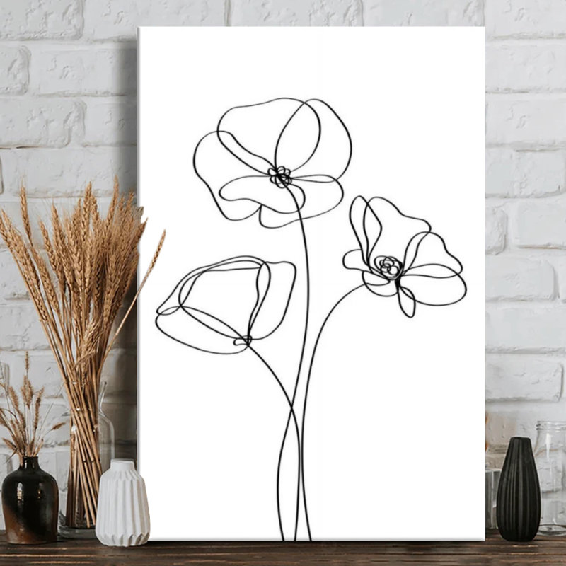 Trois fleurs avec tiges délicates, art mural sur toile - style minimaliste Peinture moderne, galerie profonde de 1 po, 24 po x 36 po