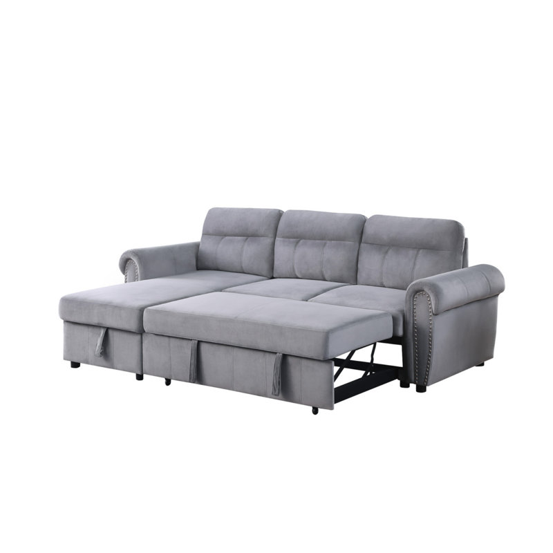 Ashton 96.5"W Gray Velvet Fabric Reversible Sleeper Sectional Sofa Chaise, Gray Velvet
