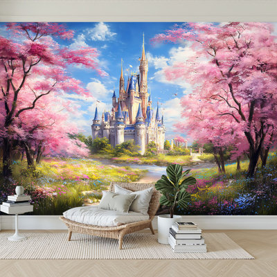 Papier peint adhésif auto-adhésif pour la chambre à coucher, paysage de château de conte de fées, paysage de printemps, L 144 po x l 100 po