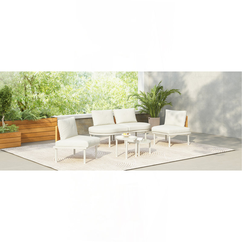 6-Piece Patio Sofa Furniture Set, Half Moon Outdoor Sectional Sofa With 2 High-Low Coffee Tables, Pe Wicker Rattan, Tempered Glass, 4 Pillows & Cushions, For Backyard, Garden, Poolside,Beige