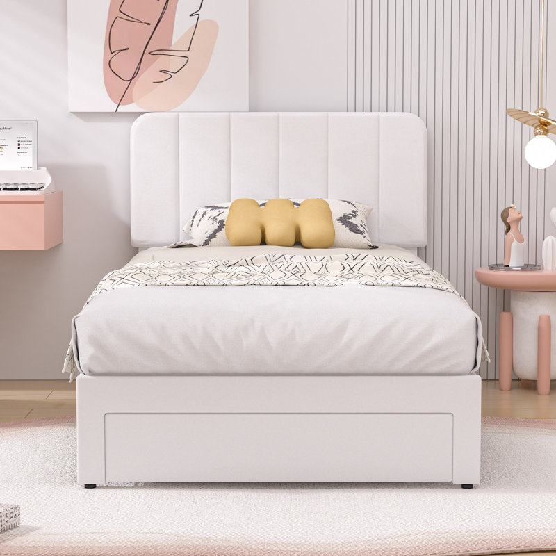 Huntsville 4-Drawer Velvet Upholstered Platform Bed, White, Twin