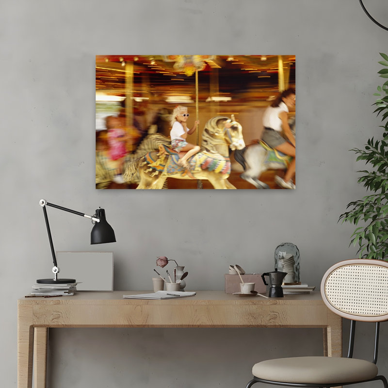 Side Profile Of A Girl And A Young Woman Sitting On Carousel Horses Navy Pier Chicago Illinois USA by Alan Klehr - Wrapped Canvas Print