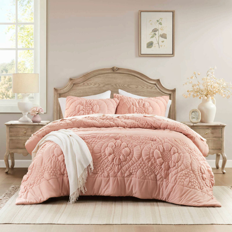 Ensemble de couette matelassée à motifs floraux 2 pièces rose pour lit simple, Édredon simple + 1 Taie décorative, Rose