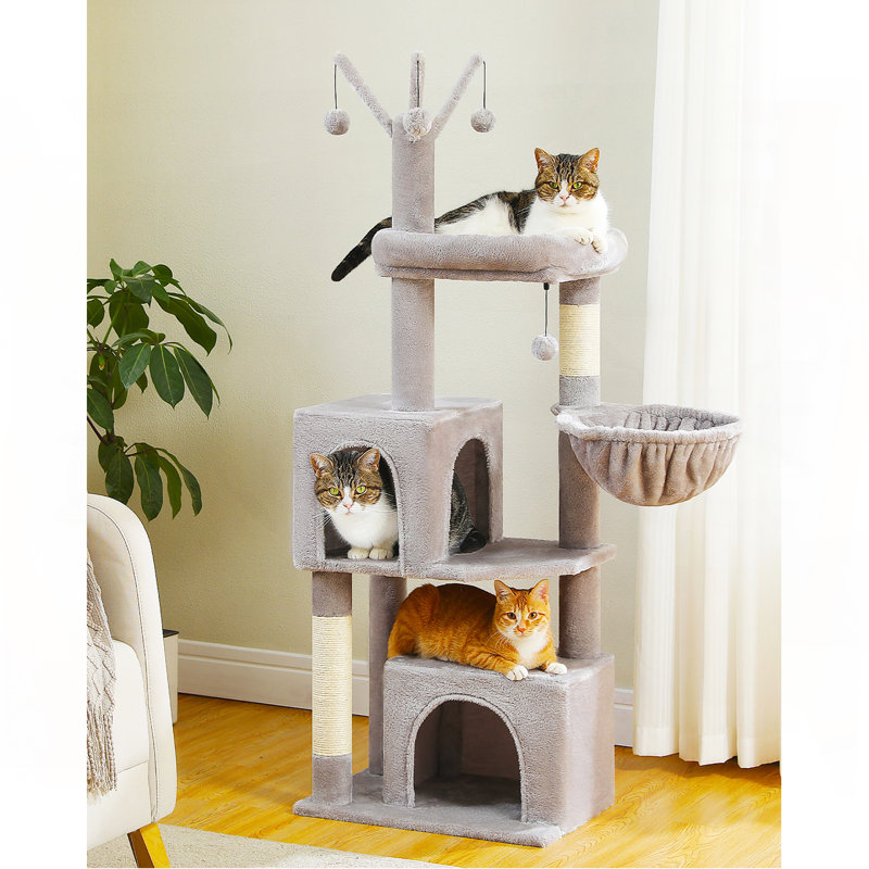 Arbre à chat de 53 pouces de haut avec 2 condos pour chats d'intérieur, tour pour chat avec poteaux à griffer pour petits chats, tour pour arbre à chat gris avec hamac et jouets pour chat