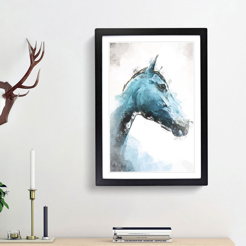 Steel Blue Horse in Abstract - Picture Frame Painting Print, 65cm H x 48cm W x 2cm D, Black Framed