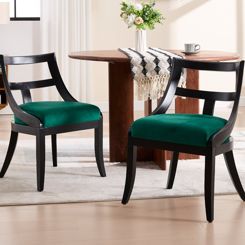 Solid Wood Upholstered Dining Chairs, Velvet Green, Black