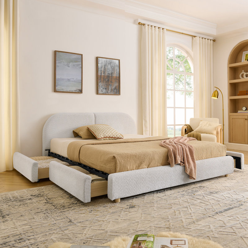 Grand lit tapissier avec rangement à 4 roulettes, Beige