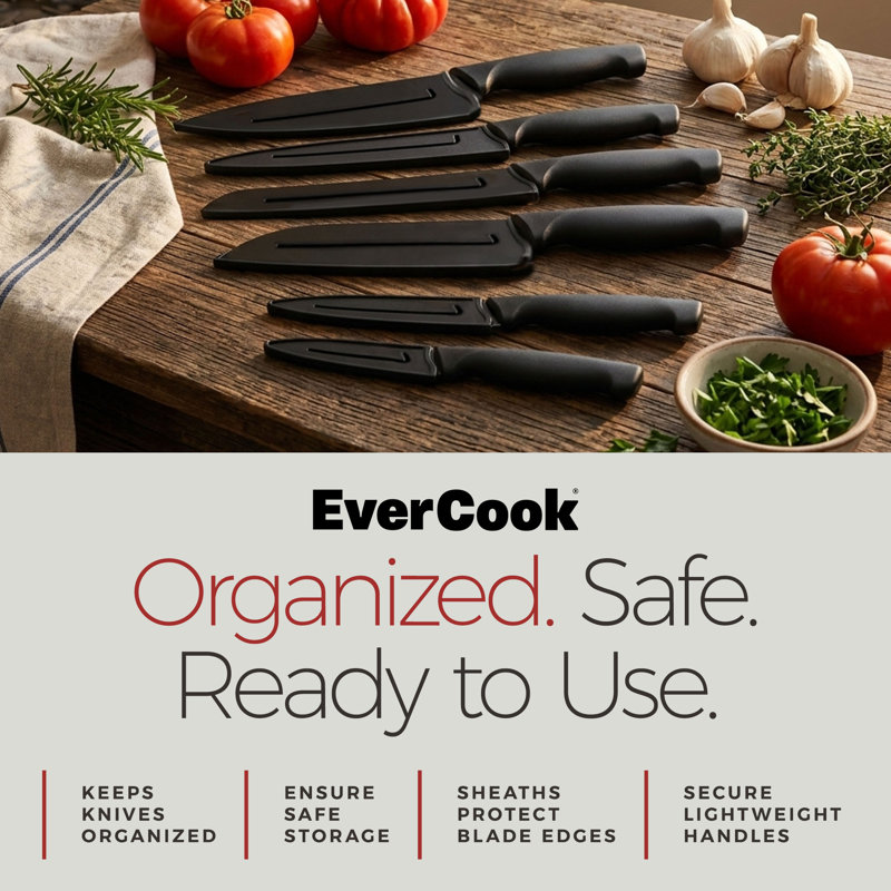Ensemble de couteaux de cuisine 12 pièces EverCook avec fourreaux à lame, acier inoxydable, noir