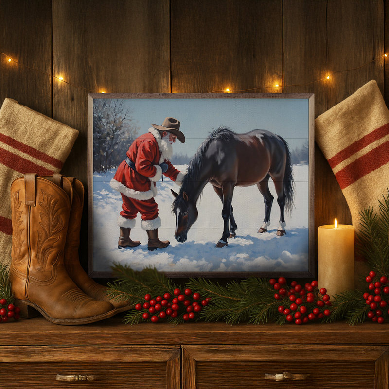 Père Noël avec curieux cheval noir, H 24 po x l 30 po