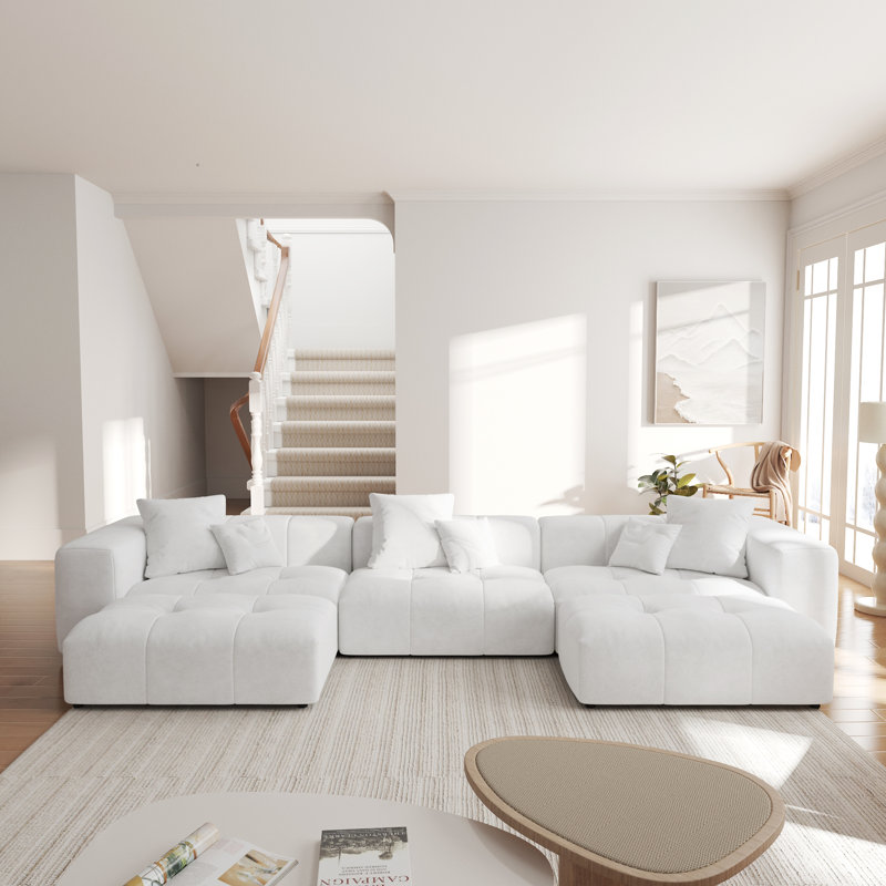 Canapé modulaire en tissu de lin avec repose-pieds Kay Crumley, Blanc, H 24,8 po x l 144,17 po x P 68,05 po