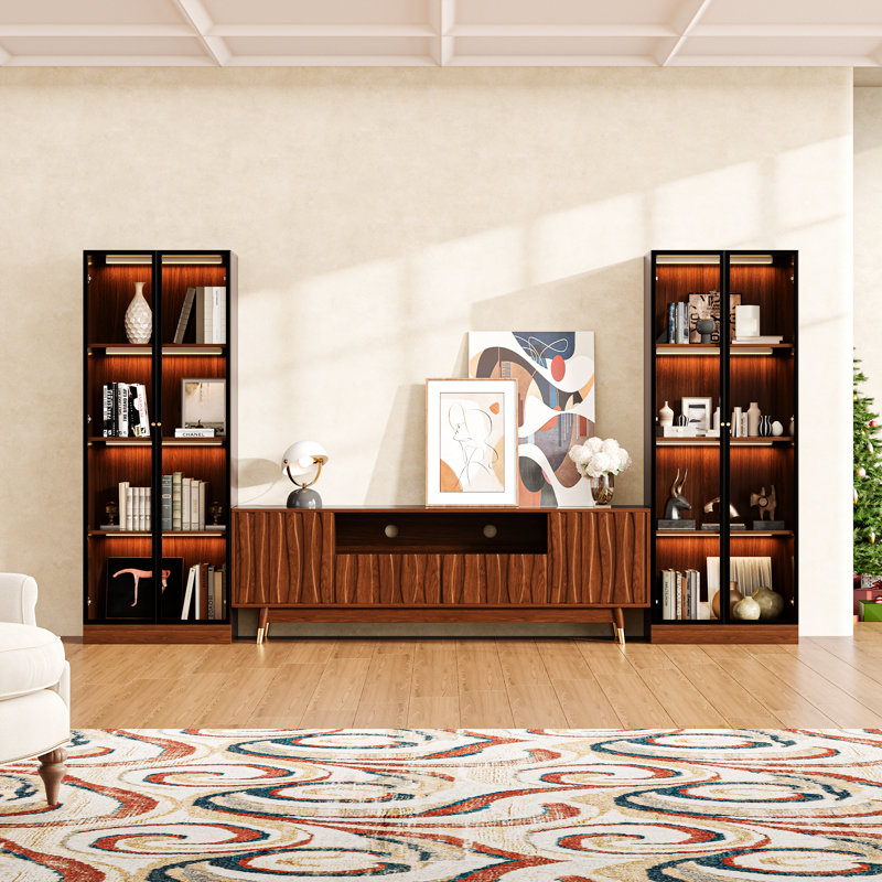 114.2''w Walnut Finish Media Console With Hutch For 45/55/65 Inch Tv, Mid-century Modern Wood Entertainment Center Include Tv Stand With Storage And Two 4-tier Display Shelves With Glass Doors For Living Room, Brown