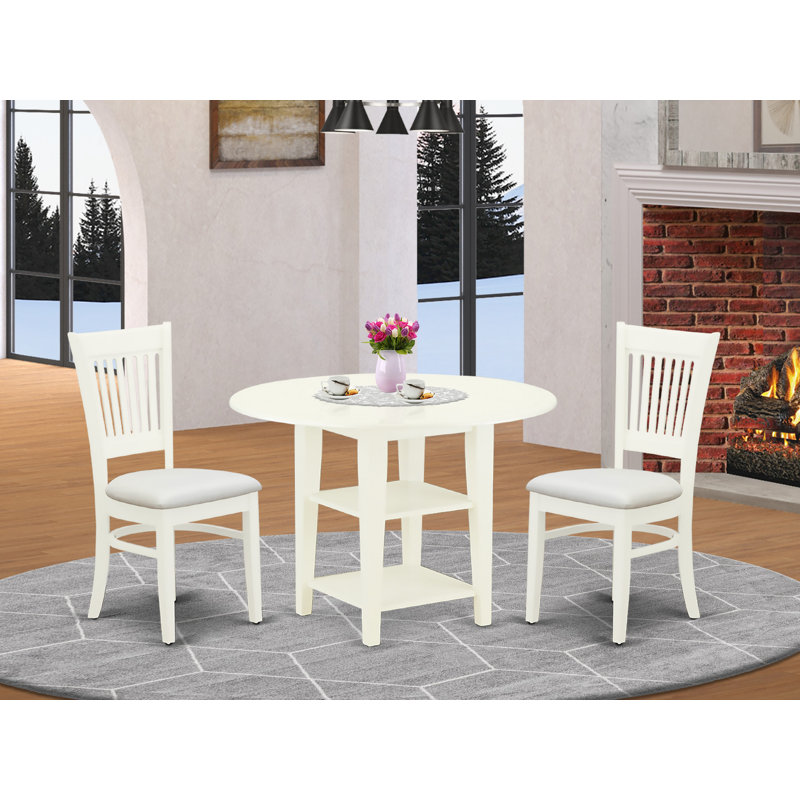 Ensemble de coin repas 3 pièces pour petits espaces comprenant une table de salle à manger ronde avec Dropleaf et des tablettes et 2 chaises de salle à manger en lin, blanc lin