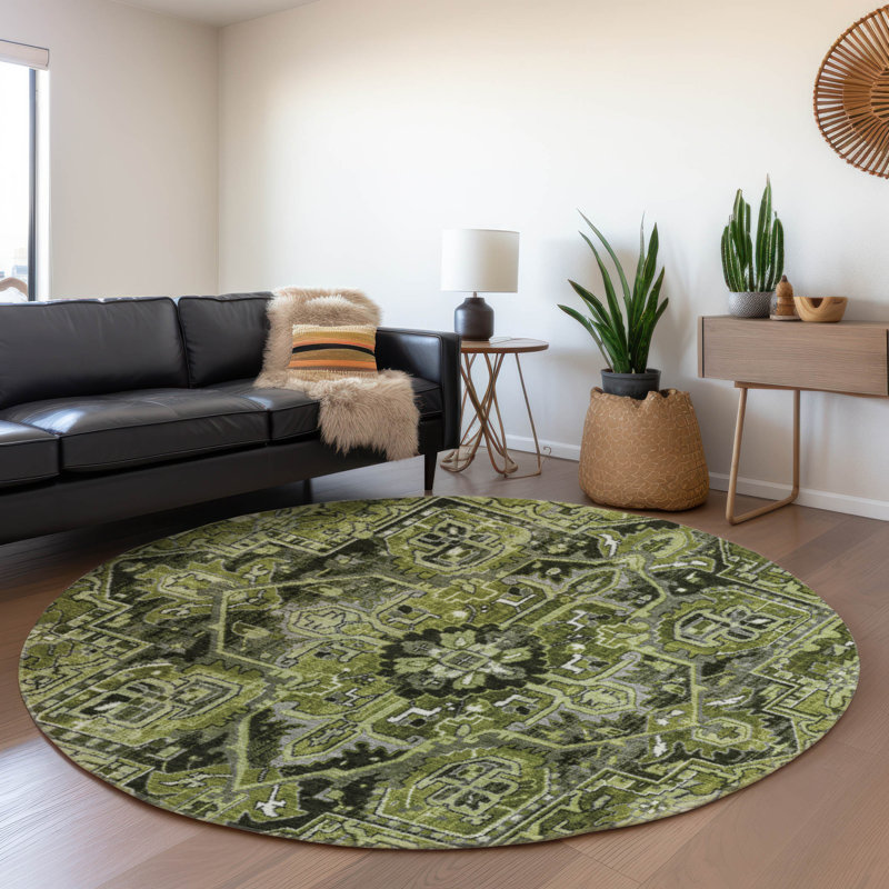 Tapis olive Cerrito AMF570 lavable à la machine de qualité supérieure, Rond 8 pi