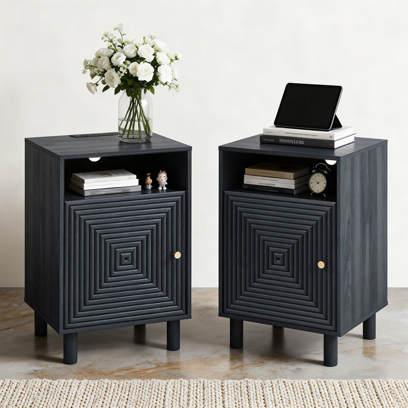 Chanson Nightstand Set of 2 With Charging Station and Solid Wood Legs, Black