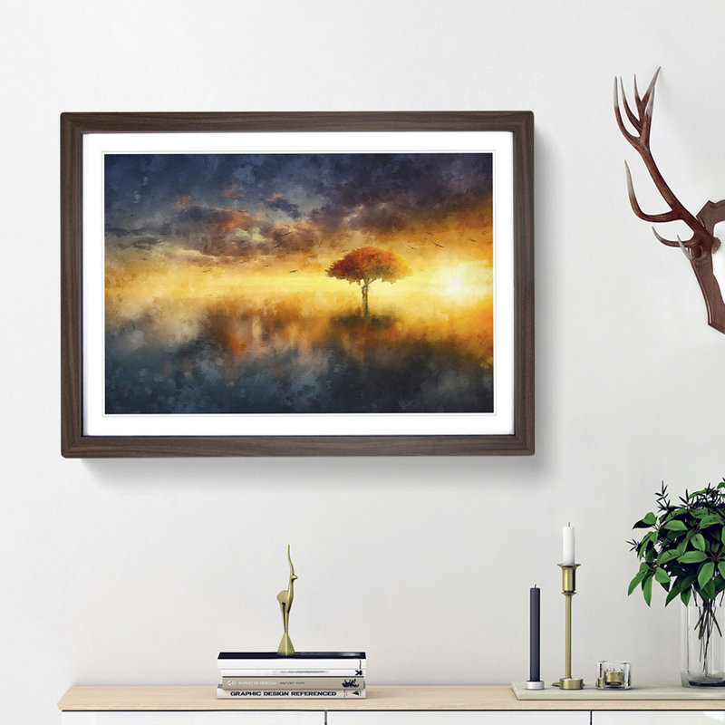 Flying Birds over a Lone Tree - Picture Frame Graphic Art Print, 45cm H x 63cm W x 2cm D, Walnut Framed