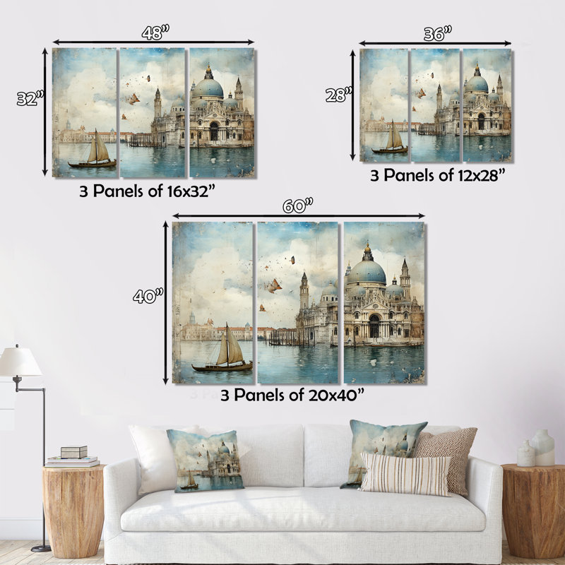 «Venice Chronicles Vintage Journal Collage», ensemble d'art mural sur toile Venise, H 32 po x l 48 po x P 1 po