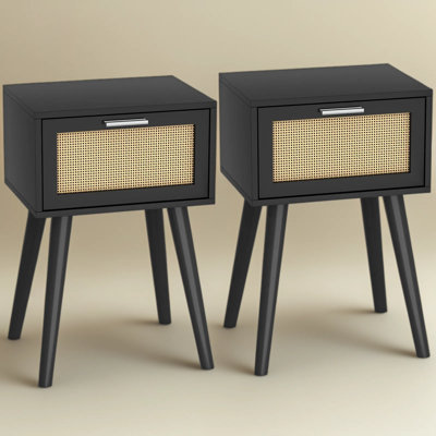 Modern Nightstand Set Of 2 With Rattan Door, Solid Wood Leg End Tables For Bedroom Or Living Room, Boho Chic Side Tables For Small Spaces