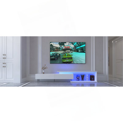 Meuble télé avec armoires de rangement, meuble télé à DEL extensible avec télécommande, centre de divertissement moderne à lumières changeantes à modes multiples avec forme chanfreinée
